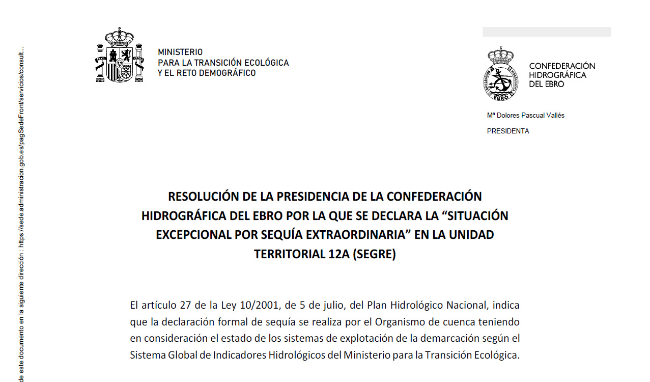 Resolución de la presidenta de la Confederación Hidrográfica del Ebro por la que se declara la 