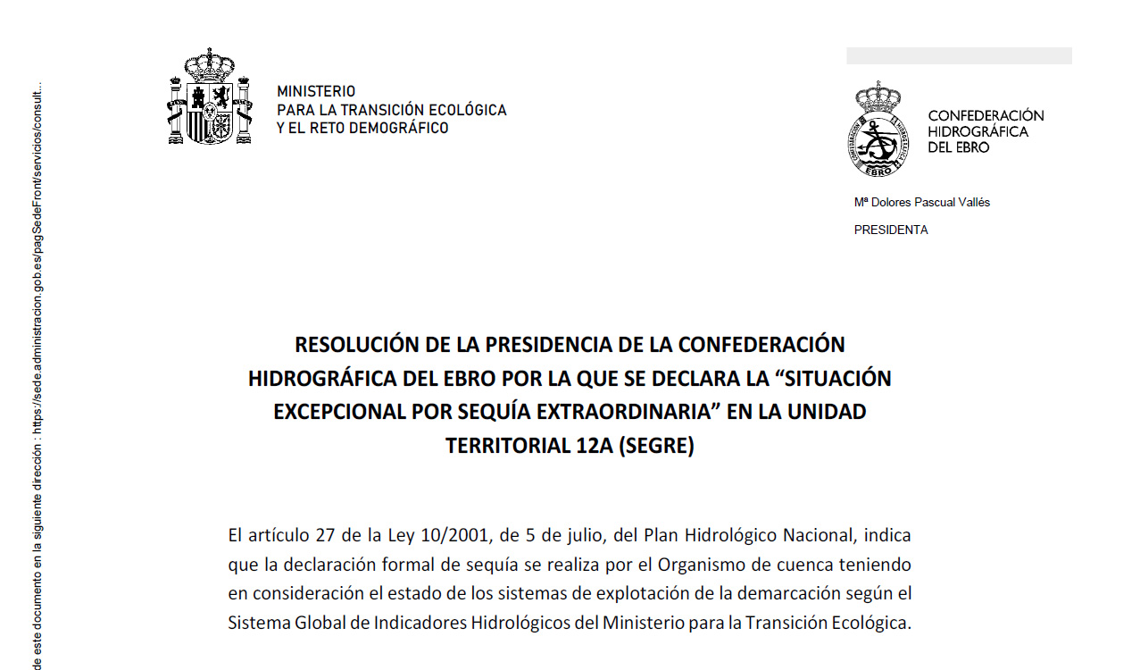 Resolución de la presidenta de la Confederación Hidrográfica del Ebro por la que se declara la Resolución de la presidenta de la Confederación Hidrográfica del Ebro por la que se declara la