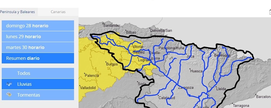 La CHE intensifica la vigilancia por lluvias intensas en la mitad occidental de la Cuenca, en Cantabria, Castilla y León (Burgos), País Vasco (Álava) y La Rioja