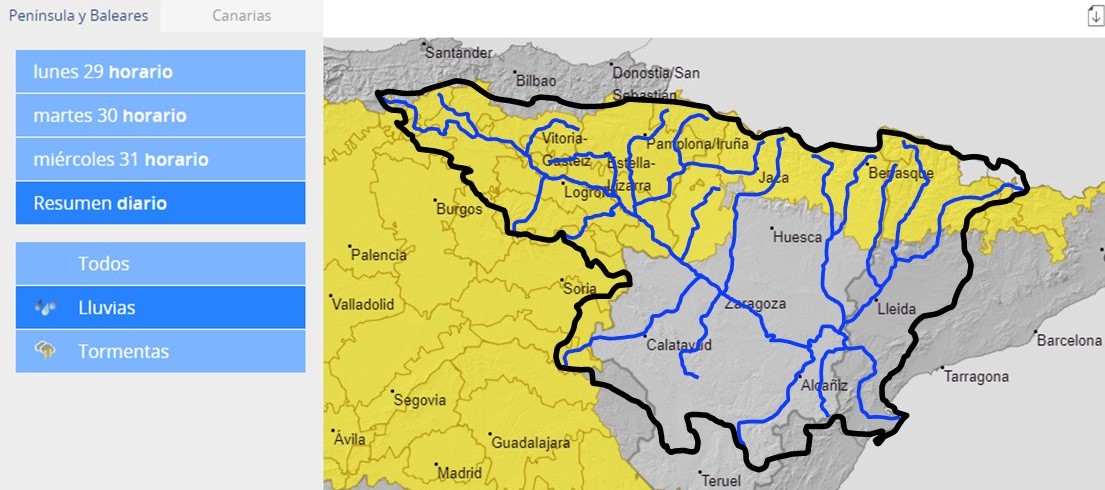 La CHE intensifica la vigilancia por lluvias intensas en la mitad norte de la cuenca del Ebro y en la Ibérica riojana, soriana y zona del Moncayo