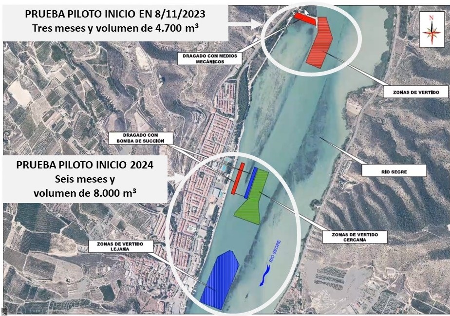 El MITECO y la CHE inician la prueba piloto de movilización de sedimentos frente a la localidad de Mequinenza