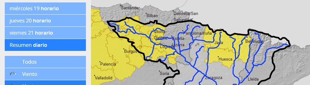 AVISO HIDROLÓGICO - Debido a las lluvias, se intensifica la vigilancia en cauces con cuenca vertiente pequeña y barrancos del Sistema Ibérico occidental, la cuenca alta del Ebro, la Llanada alavesa, el Pirineo central y el Prepirineo oscense AVISO HIDROLÓGICO - Debido a las lluvias, se intensifica la vigilancia en cauces con cuenca vertiente pequeña y barrancos del Sistema Ibérico occidental, la cuenca alta del Ebro, la Llanada alavesa, el Pirineo central y el Prepirineo oscense