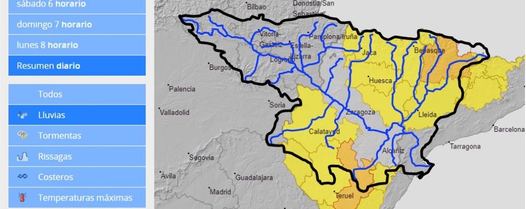 AVISO HIDROLÓGICO - Debido a las lluvias, se intensifica la vigilancia en cauces con cuenca vertiente pequeña y barrancos, en Pirineo y Prepirineo, y Sierra de Gúdar-Maestrazgo, y de menor intensidad en el resto de la mitad Este de la Cuenca del Ebro AVISO HIDROLÓGICO - Debido a las lluvias, se intensifica la vigilancia en cauces con cuenca vertiente pequeña y barrancos, en Pirineo y Prepirineo, y Sierra de Gúdar-Maestrazgo, y de menor intensidad en el resto de la mitad Este de la Cuenca del Ebro