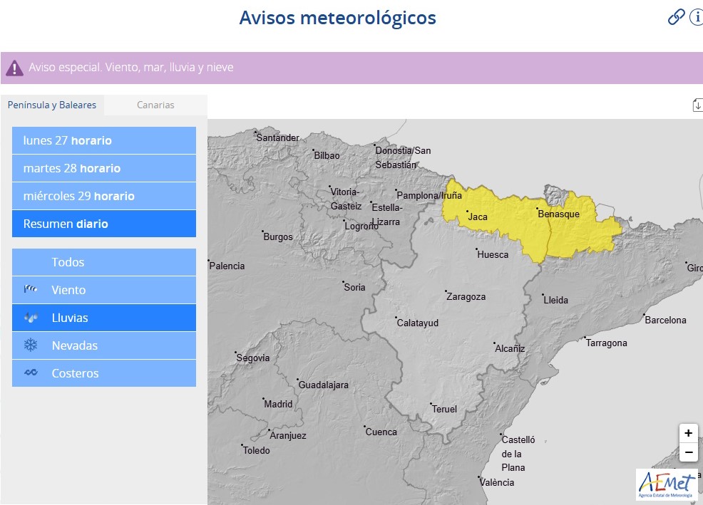 Ante los avisos amarillos de la AEMet por posibles lluvias intensas (de hasta 15 l/m² en 1 hora) en el Pirineo y Prepirineo aragonés, la Confederación Hidrográfica del Ebro intensifica la vigilancia y recuerda la posibilidad de crecidas súbitas importantes de carácter local en barrancos y cauces menores Ante los avisos amarillos de la AEMet por posibles lluvias intensas (de hasta 15 l/m² en 1 hora) en el Pirineo y Prepirineo aragonés, la Confederación Hidrográfica del Ebro intensifica la vigilancia y recuerda la posibilidad de crecidas súbitas importantes de carácter local en barrancos y cauces menores