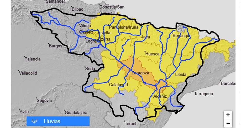 Como consecuencia de los avisos de la AEMET de lluvias intensas de al menos 15-30 l/m2 en 1 hora se recuerda la posibilidad de crecidas repentinas en cauces menores y barrancos en los dos tercios orientales de la Cuenca del Ebro (Navarra, Aragón, Valencia y Cataluña), en la tarde de hoy lunes Como consecuencia de los avisos de la AEMET de lluvias intensas de al menos 15-30 l/m2 en 1 hora se recuerda la posibilidad de crecidas repentinas en cauces menores y barrancos en los dos tercios orientales de la Cuenca del Ebro (Navarra, Aragón, Valencia y Cataluña), en la tarde de hoy lunes