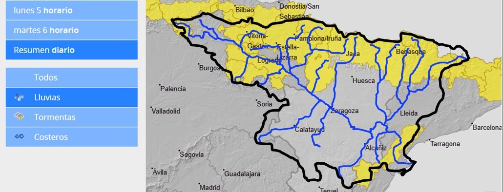 Como consecuencia de los avisos de la AEMET de lluvias intensas de hasta 15-20 l/m2 en 1 hora, la CHE advierte de la posibilidad de crecidas repentinas en barrancos y pequeños afluentes en la mitad norte de la Cuenca del Ebro
